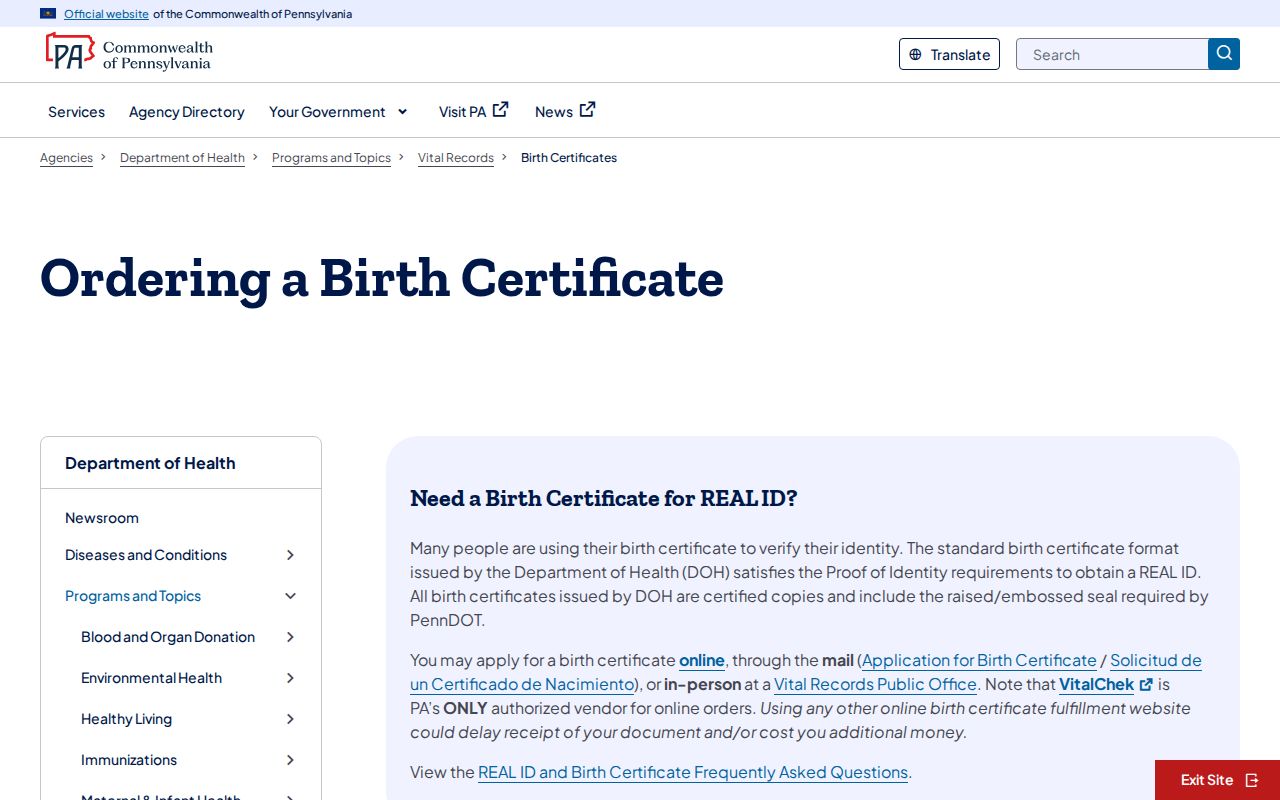 Chambersburg resident lookup source for Pennsylvania birth-certificate eligibility