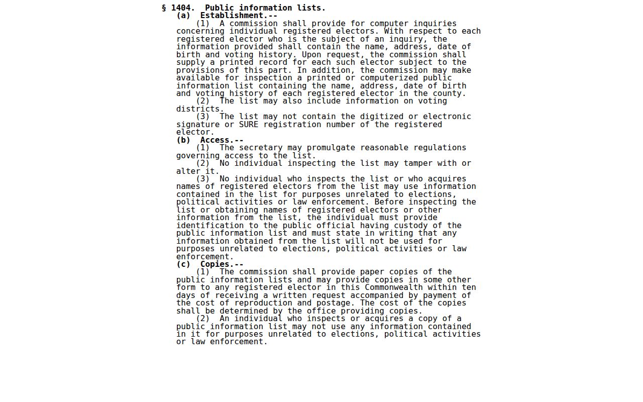 Chambersburg resident lookup reference to Pennsylvania Election Code voter-list rules