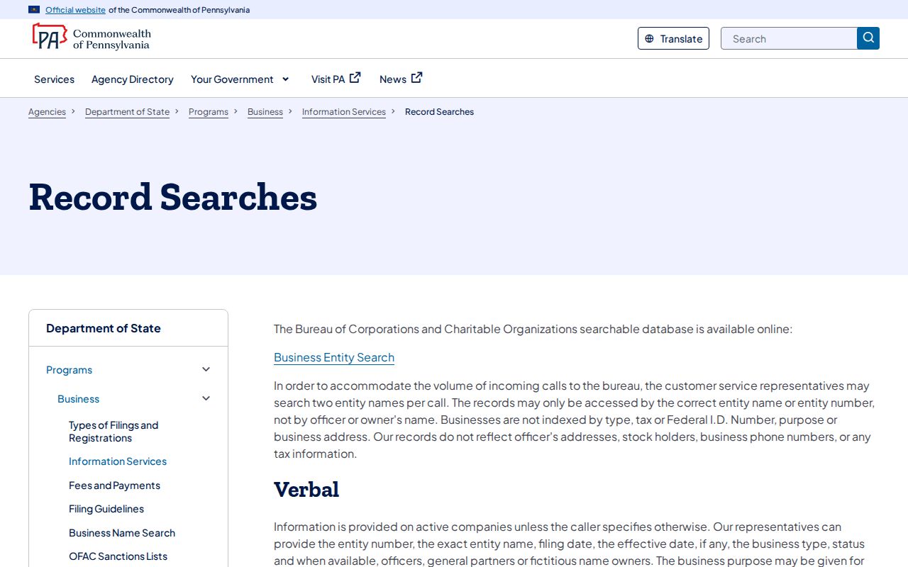 Chambersburg ZIP code research source for Pennsylvania business-record search limits