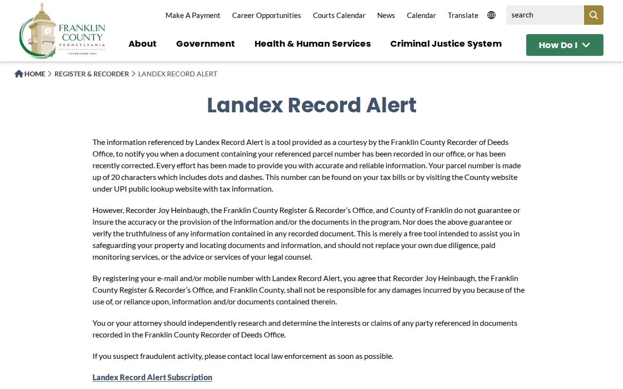 Chambersburg previous residents research using Franklin County Landex Record Alert